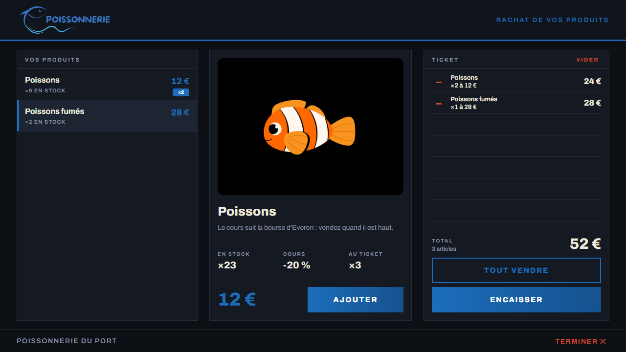 La caisse de la poissonnerie, affichée sur l'écran du comptoir en jeu